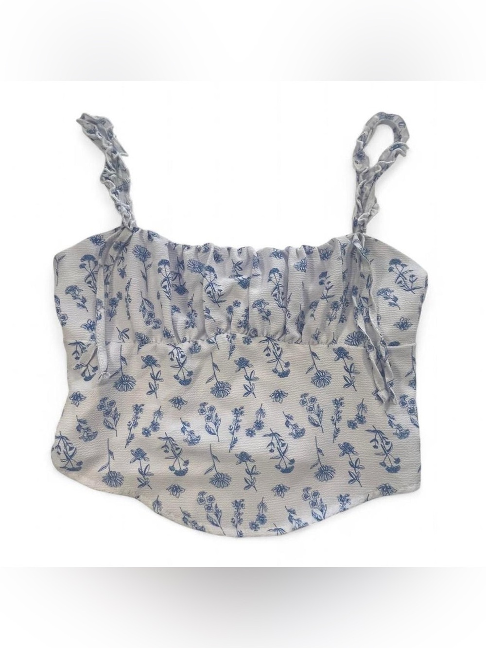 Y2K Boho Say Anything Blue White Floral Eyelet Crop Top Ruffle Trim Women’s XL